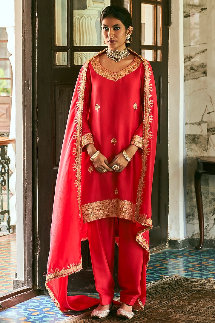 Red Dupion Silk Kurta Set by The Whole Nine Yards at Pernia's Pop Up Shop