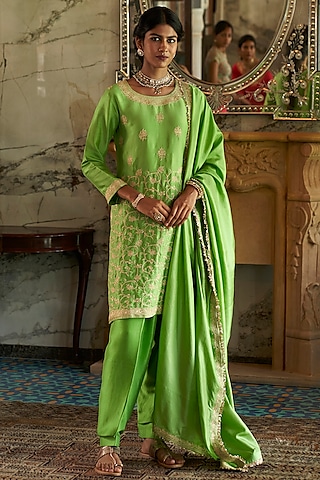 Lime Green Dupion Silk Kurta Set by The Whole Nine Yards