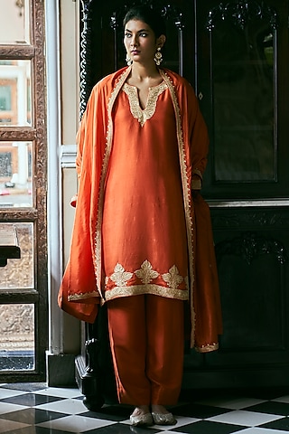 Orange Dupion Silk Kurta Set by The Whole Nine Yards