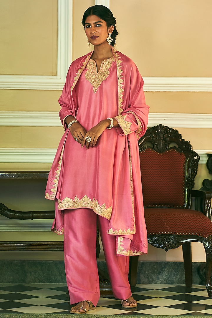 Candy Pink Dupion Silk Embroidered Kurta Set by The Whole Nine Yards
