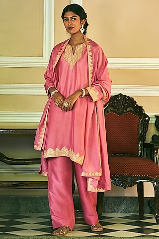 Candy Pink Dupion Silk Embroidered Kurta Set by The Whole Nine Yards