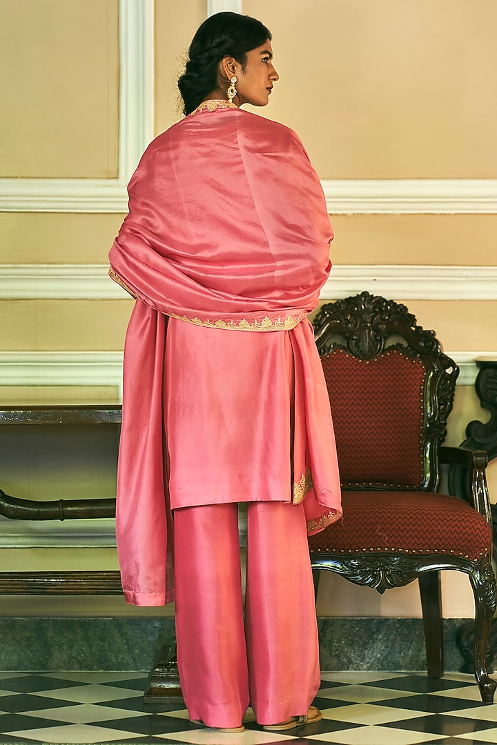 Candy Pink Dupion Silk Embroidered Kurta Set by The Whole Nine Yards at Pernia's Pop Up Shop