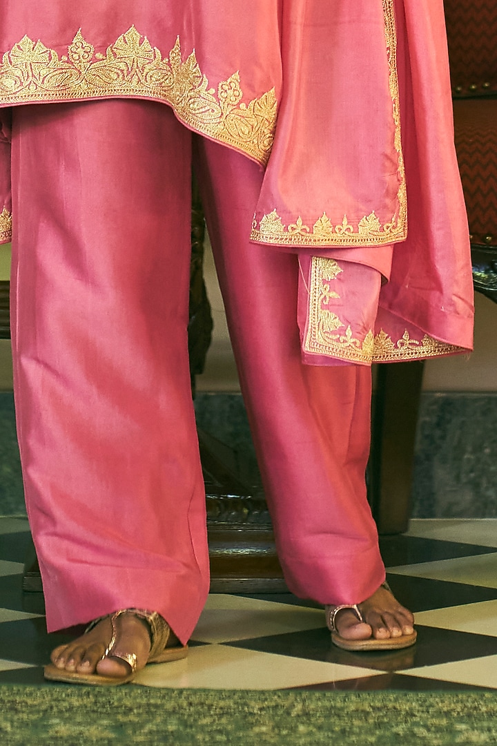 Candy Pink Dupion Silk Embroidered Kurta Set by The Whole Nine Yards at Pernia's Pop Up Shop