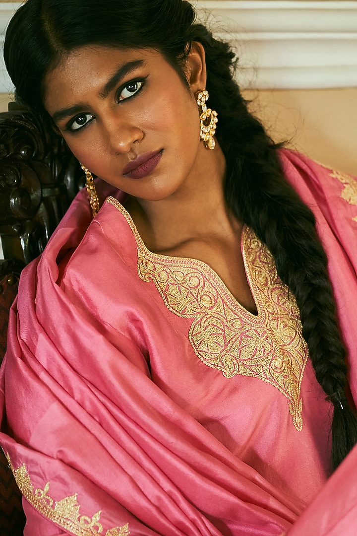 Candy Pink Dupion Silk Embroidered Kurta Set by The Whole Nine Yards at Pernia's Pop Up Shop