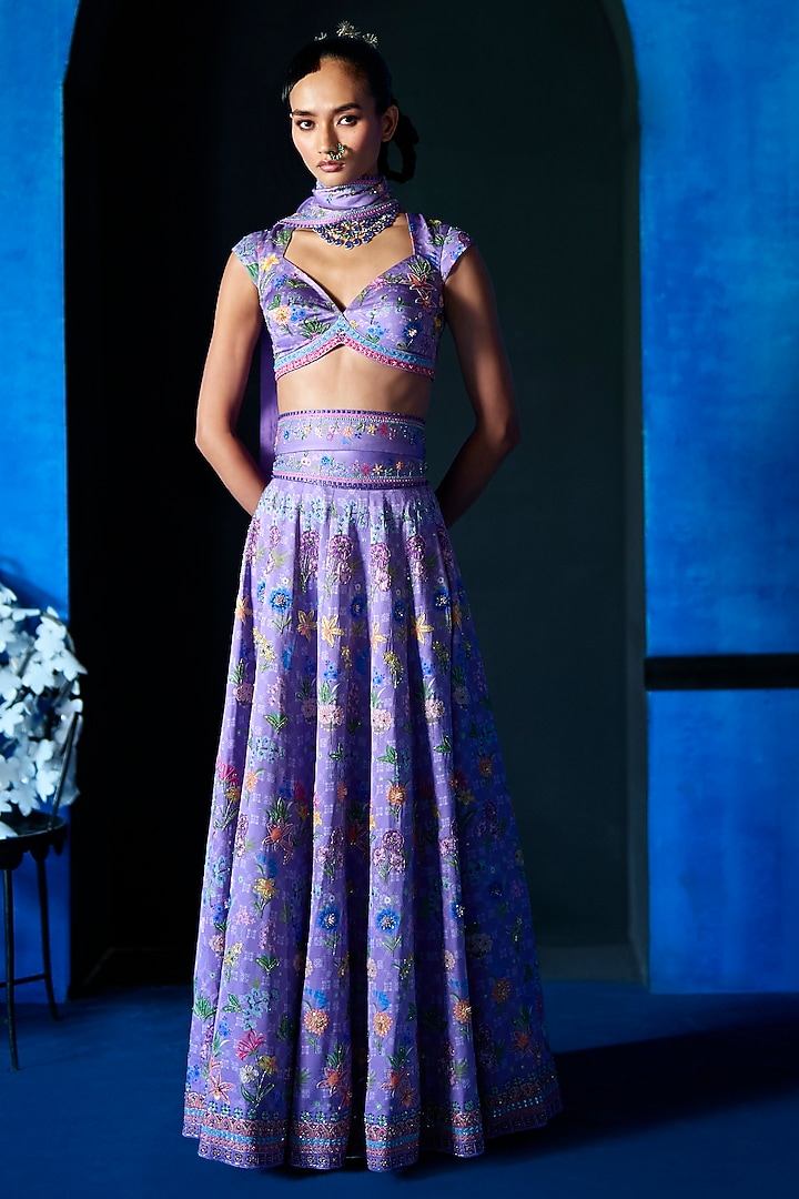Lilac Satin Dupion Hand Embroidered Bridal Lehenga Set by The Whole Nine Yards at Pernia's Pop Up Shop