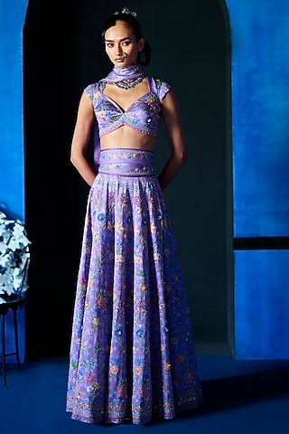 Lilac Satin Dupion Hand Embroidered Lehenga Set by The Whole Nine Yards