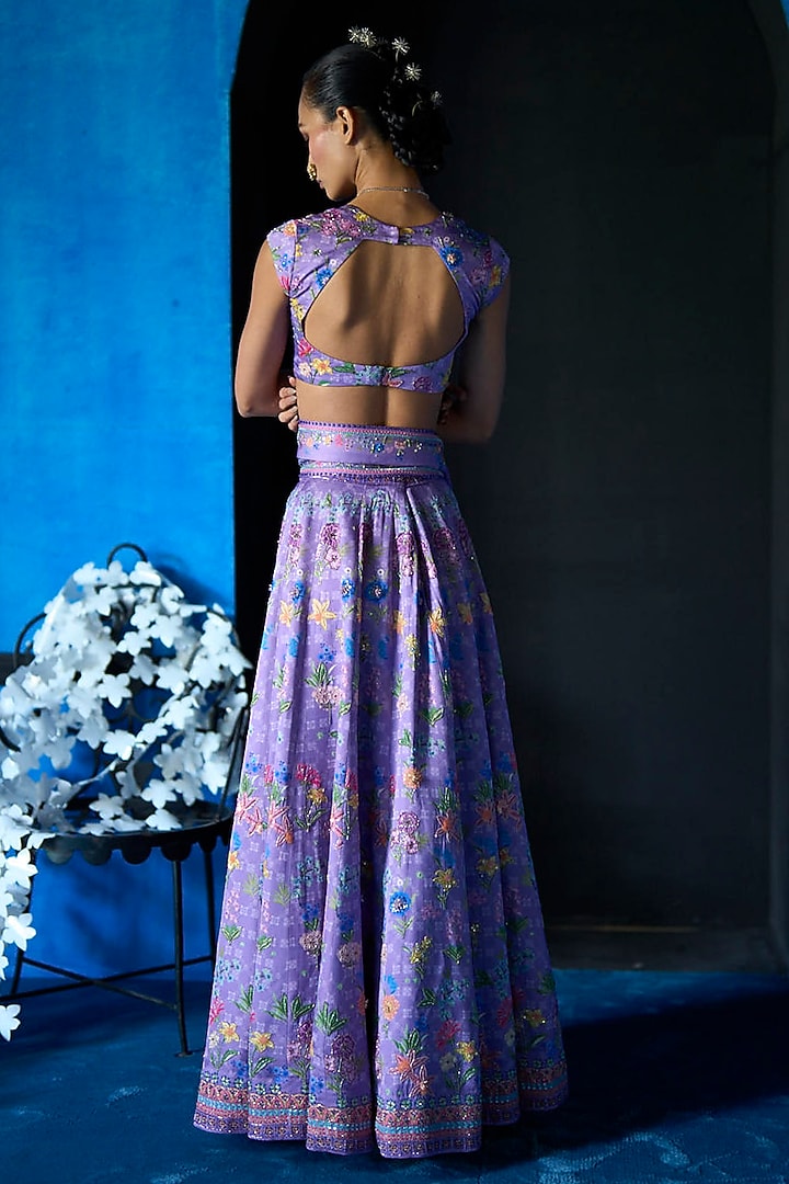 Lilac Satin Dupion Hand Embroidered Bridal Lehenga Set by The Whole Nine Yards at Pernia's Pop Up Shop