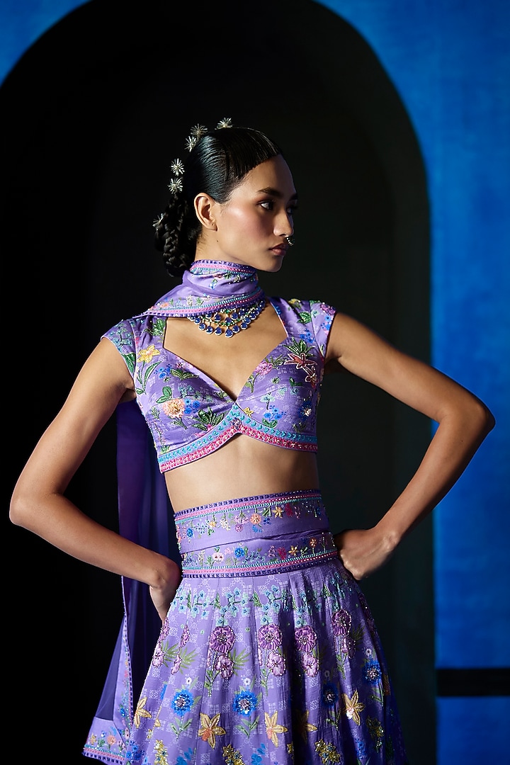 Lilac Satin Dupion Hand Embroidered Bridal Lehenga Set by The Whole Nine Yards at Pernia's Pop Up Shop