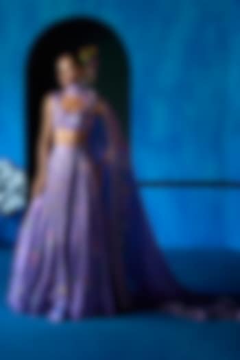 Lilac Satin Organza Floral Printed Wedding Lehenga Set by The Whole Nine Yards at Pernia's Pop Up Shop