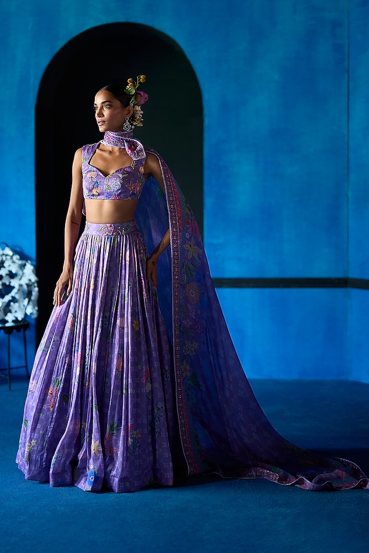 Lilac Satin Organza Floral Printed Wedding Lehenga Set by The Whole Nine Yards at Pernia's Pop Up Shop