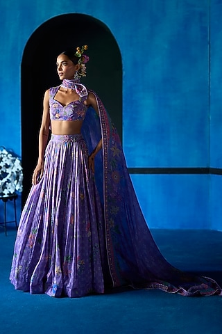 Lilac Satin Organza Floral Printed Lehenga Set by The Whole Nine Yards