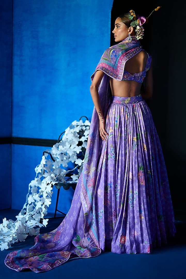 Lilac Satin Organza Floral Printed Wedding Lehenga Set by The Whole Nine Yards at Pernia's Pop Up Shop