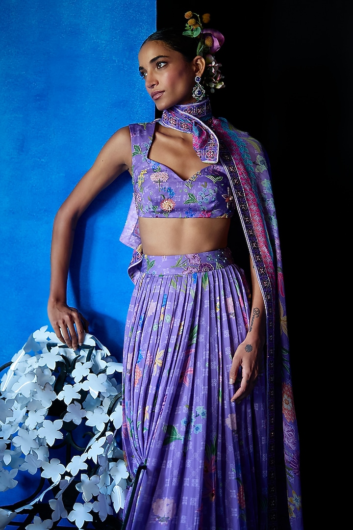 Lilac Satin Organza Floral Printed Wedding Lehenga Set by The Whole Nine Yards at Pernia's Pop Up Shop