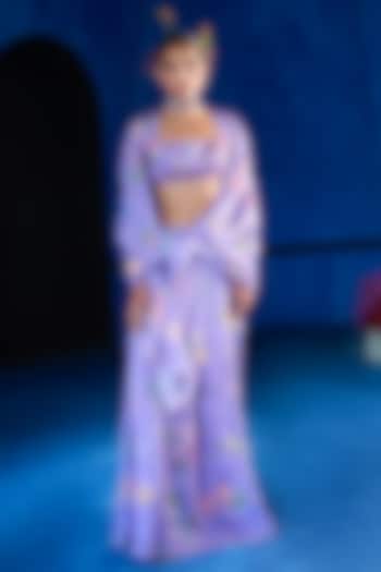 Lilac Satin Organza Floral Printed Reception Saree Set by The Whole Nine Yards at Pernia's Pop Up Shop