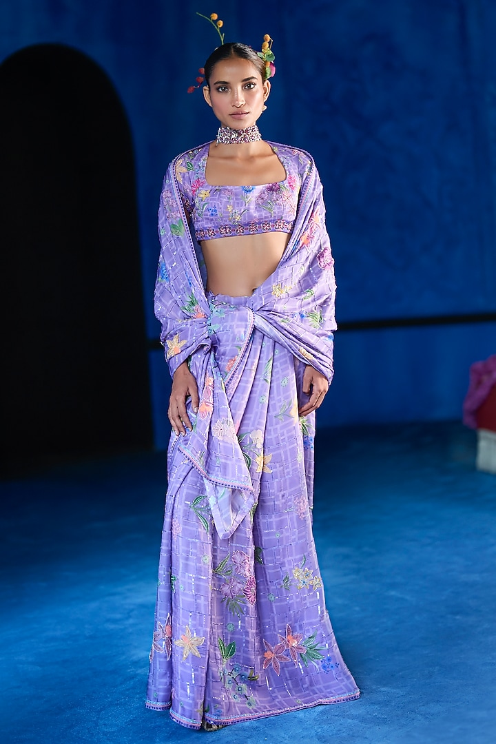 Lilac Satin Organza Floral Printed Reception Saree Set by The Whole Nine Yards at Pernia's Pop Up Shop