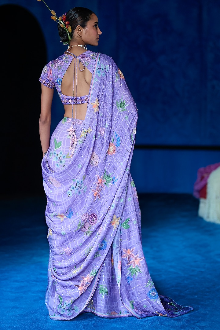 Lilac Satin Organza Floral Printed Reception Saree Set by The Whole Nine Yards at Pernia's Pop Up Shop