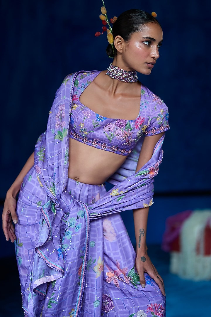 Lilac Satin Organza Floral Printed Reception Saree Set by The Whole Nine Yards at Pernia's Pop Up Shop