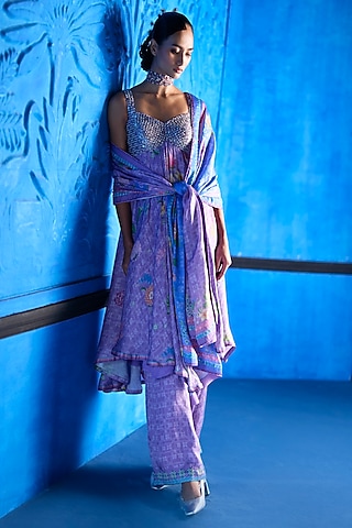 Lilac Bemberg Satin Floral Printed Kurta Set by The Whole Nine Yards