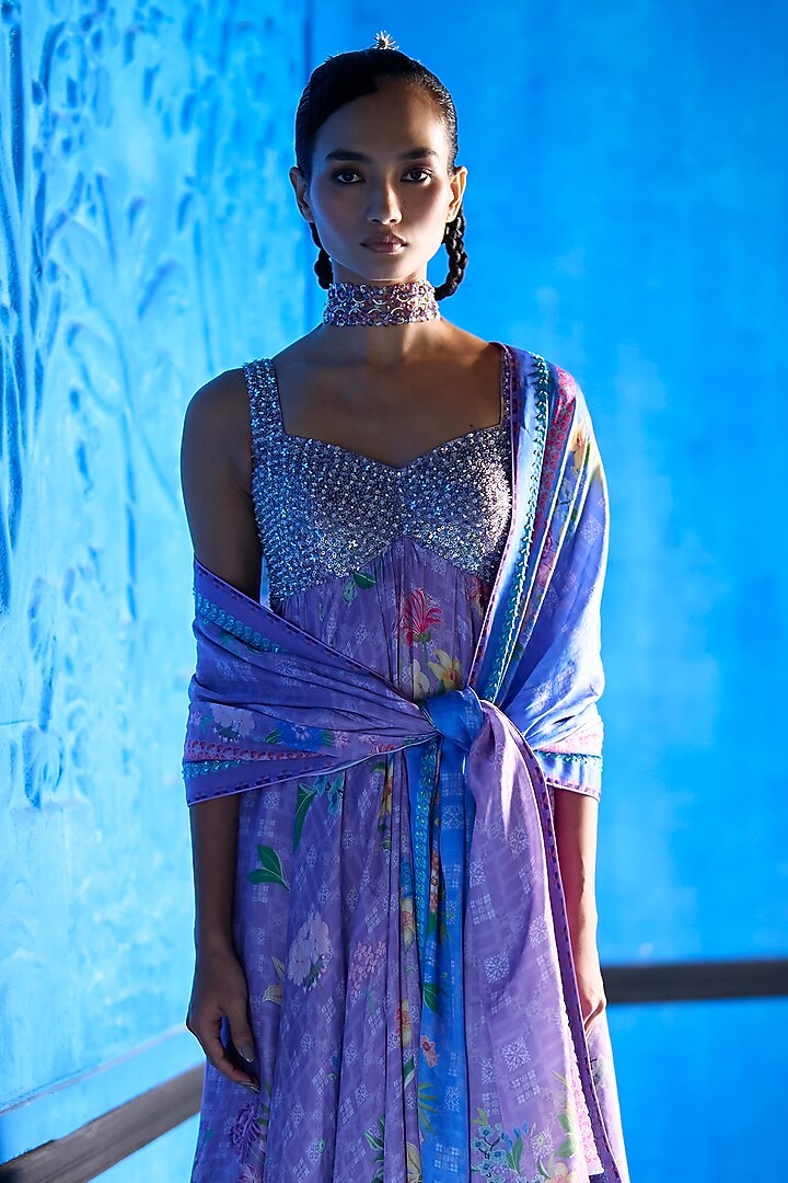 Lilac Bemberg Satin Floral Printed Kurta Set by The Whole Nine Yards at Pernia's Pop Up Shop