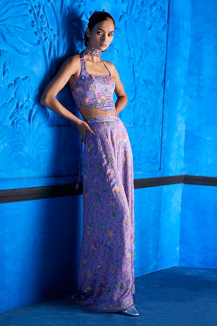 Lilac Satin Dupion Floral Printed Wedding Sharara Set by The Whole Nine Yards at Pernia's Pop Up Shop