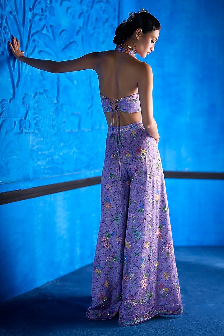 Lilac Satin Dupion Floral Printed Wedding Sharara Set by The Whole Nine Yards at Pernia's Pop Up Shop