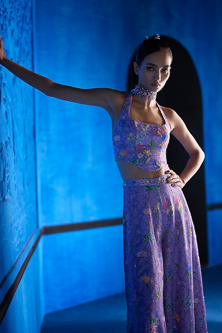 Lilac Satin Dupion Floral Printed Wedding Sharara Set by The Whole Nine Yards at Pernia's Pop Up Shop