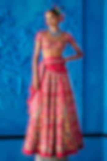 Red Satin Dupion Floral Printed Wedding Lehenga Set by The Whole Nine Yards at Pernia's Pop Up Shop