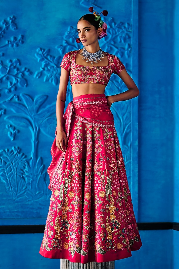 Red Satin Dupion Floral Printed Wedding Lehenga Set by The Whole Nine Yards at Pernia's Pop Up Shop