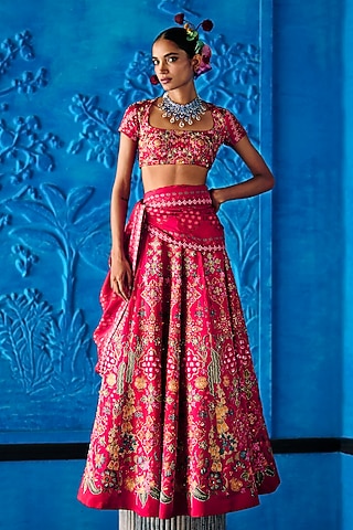 Red Satin Dupion Floral Printed Lehenga Set by The Whole Nine Yards