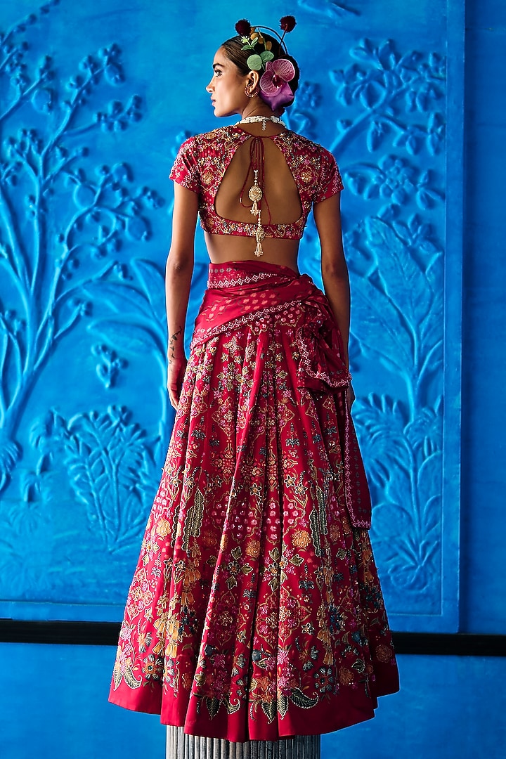 Red Satin Dupion Floral Printed Wedding Lehenga Set by The Whole Nine Yards at Pernia's Pop Up Shop