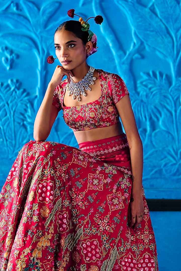 Red Satin Dupion Floral Printed Wedding Lehenga Set by The Whole Nine Yards at Pernia's Pop Up Shop