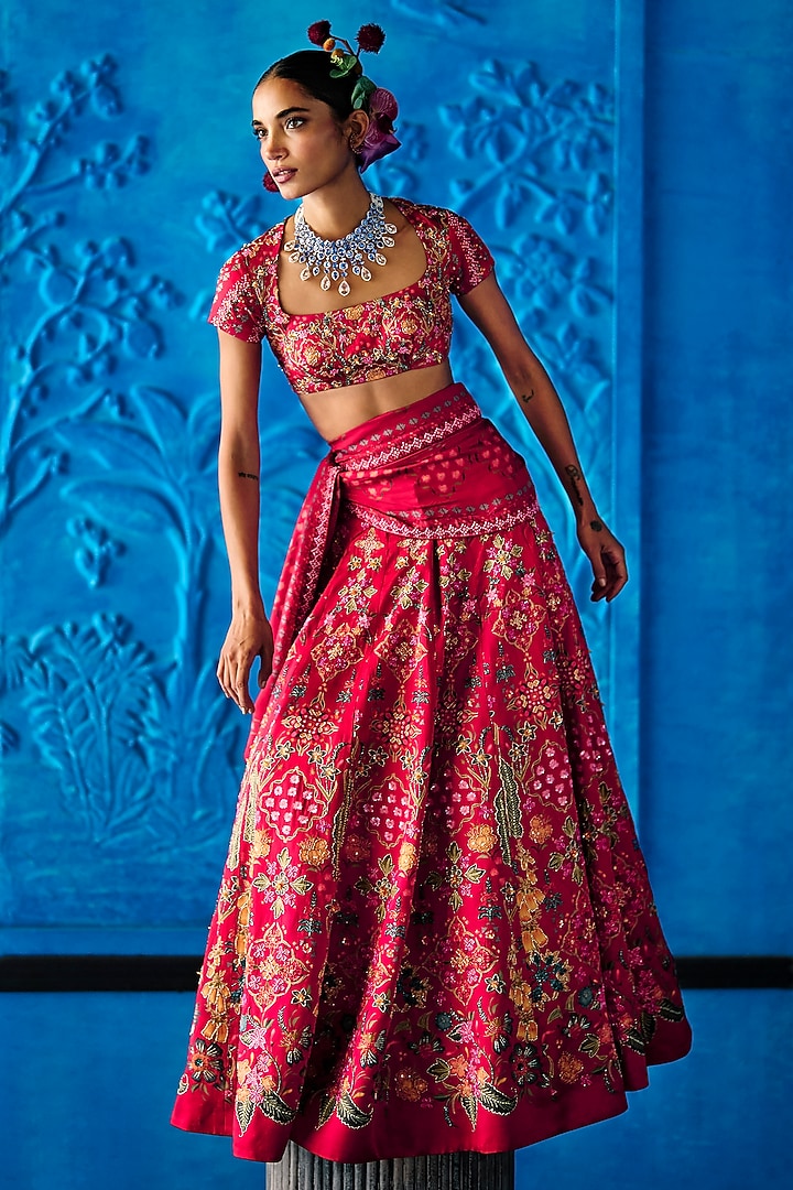 Red Satin Dupion Floral Printed Wedding Lehenga Set by The Whole Nine Yards at Pernia's Pop Up Shop