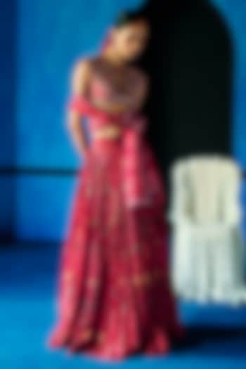 Red Satin Organza Floral Printed Wedding Lehenga Set by The Whole Nine Yards at Pernia's Pop Up Shop