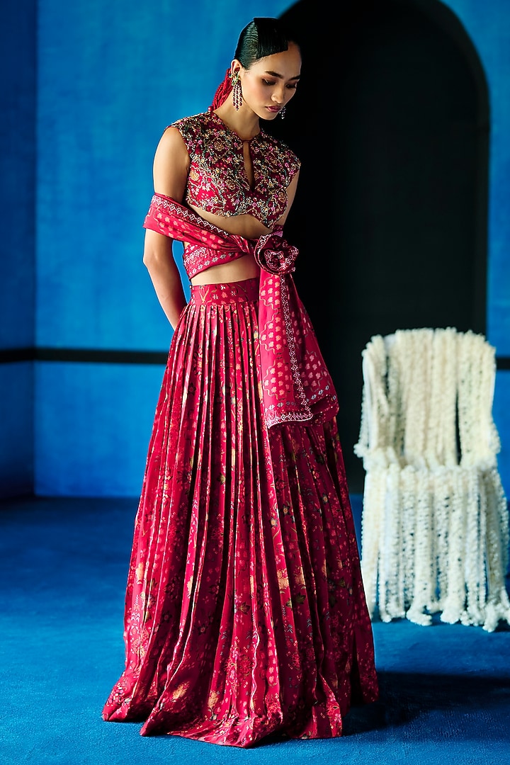 Red Satin Organza Floral Printed Wedding Lehenga Set by The Whole Nine Yards at Pernia's Pop Up Shop