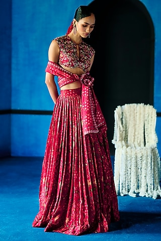 Red Satin Organza Floral Printed Lehenga Set by The Whole Nine Yards