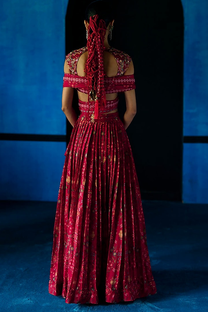 Red Satin Organza Floral Printed Wedding Lehenga Set by The Whole Nine Yards at Pernia's Pop Up Shop
