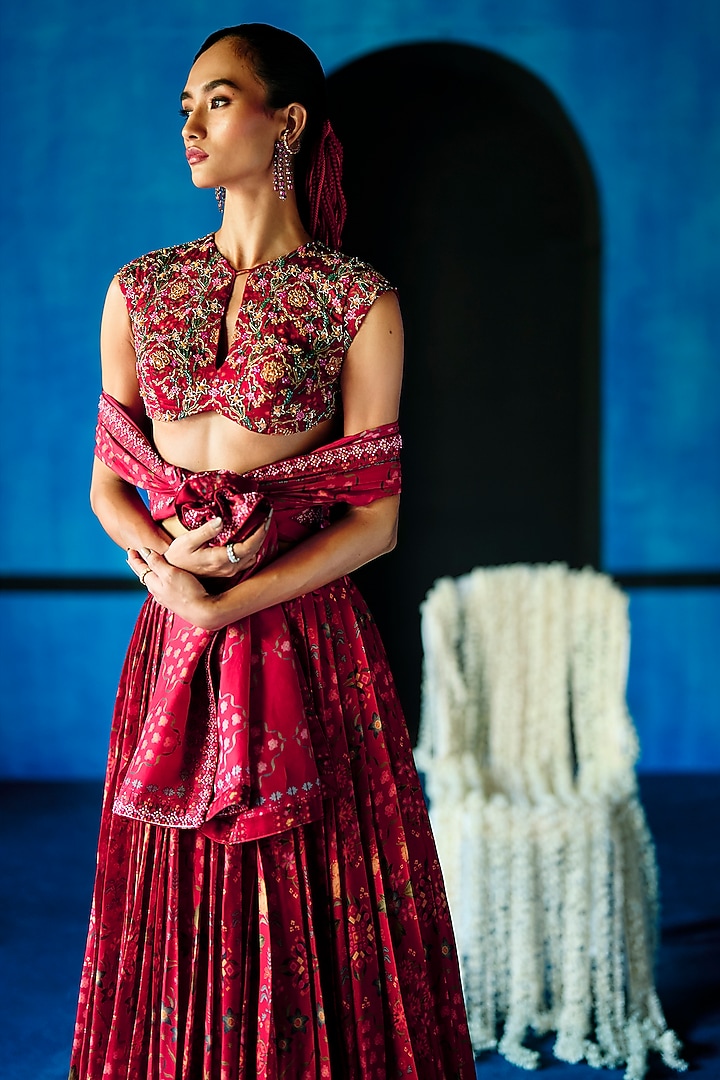 Red Satin Organza Floral Printed Wedding Lehenga Set by The Whole Nine Yards at Pernia's Pop Up Shop