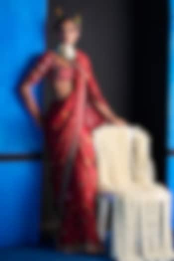 Red Satin Organza Hand Embroidered Wedding Saree Set by The Whole Nine Yards at Pernia's Pop Up Shop