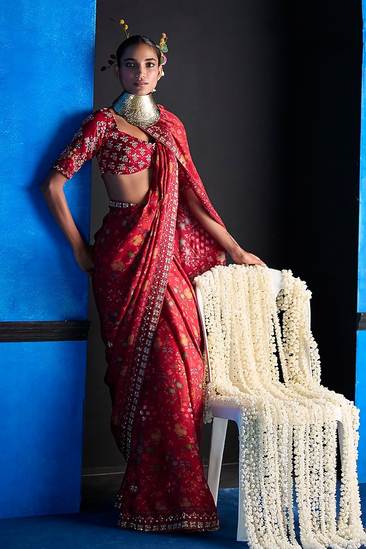Red Satin Organza Hand Embroidered Wedding Saree Set by The Whole Nine Yards at Pernia's Pop Up Shop