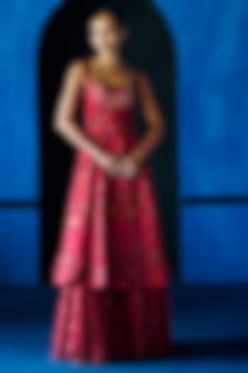 Red Satin Organza Floral Printed Wedding Anarkali Set by The Whole Nine Yards at Pernia's Pop Up Shop