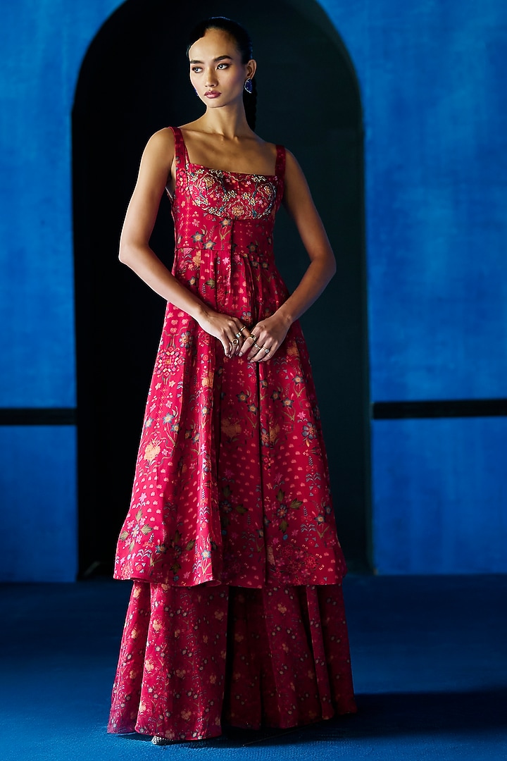 Red Satin Organza Floral Printed Wedding Anarkali Set by The Whole Nine Yards at Pernia's Pop Up Shop