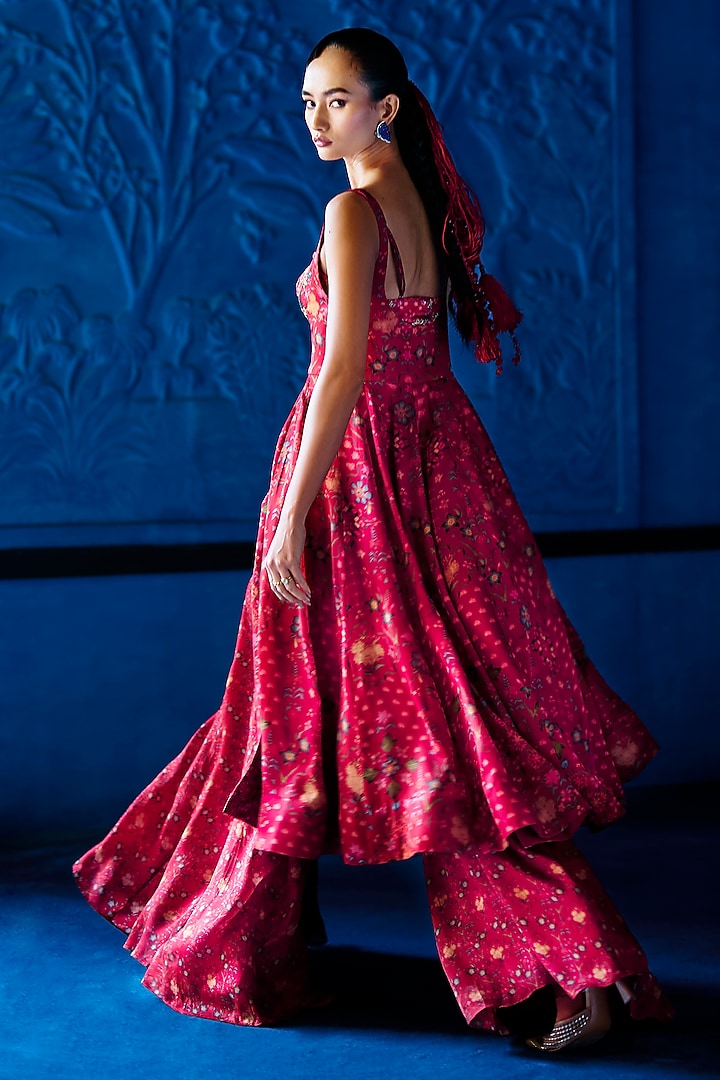 Red Satin Organza Floral Printed Wedding Anarkali Set by The Whole Nine Yards at Pernia's Pop Up Shop
