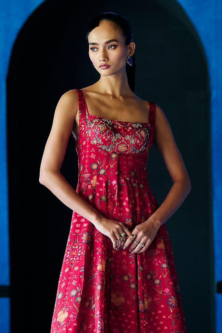 Red Satin Organza Floral Printed Wedding Anarkali Set by The Whole Nine Yards at Pernia's Pop Up Shop