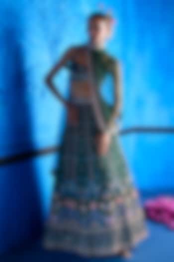 Emerald Green Satin Dupion Hand Embroidered Bridal Lehenga Set by The Whole Nine Yards at Pernia's Pop Up Shop