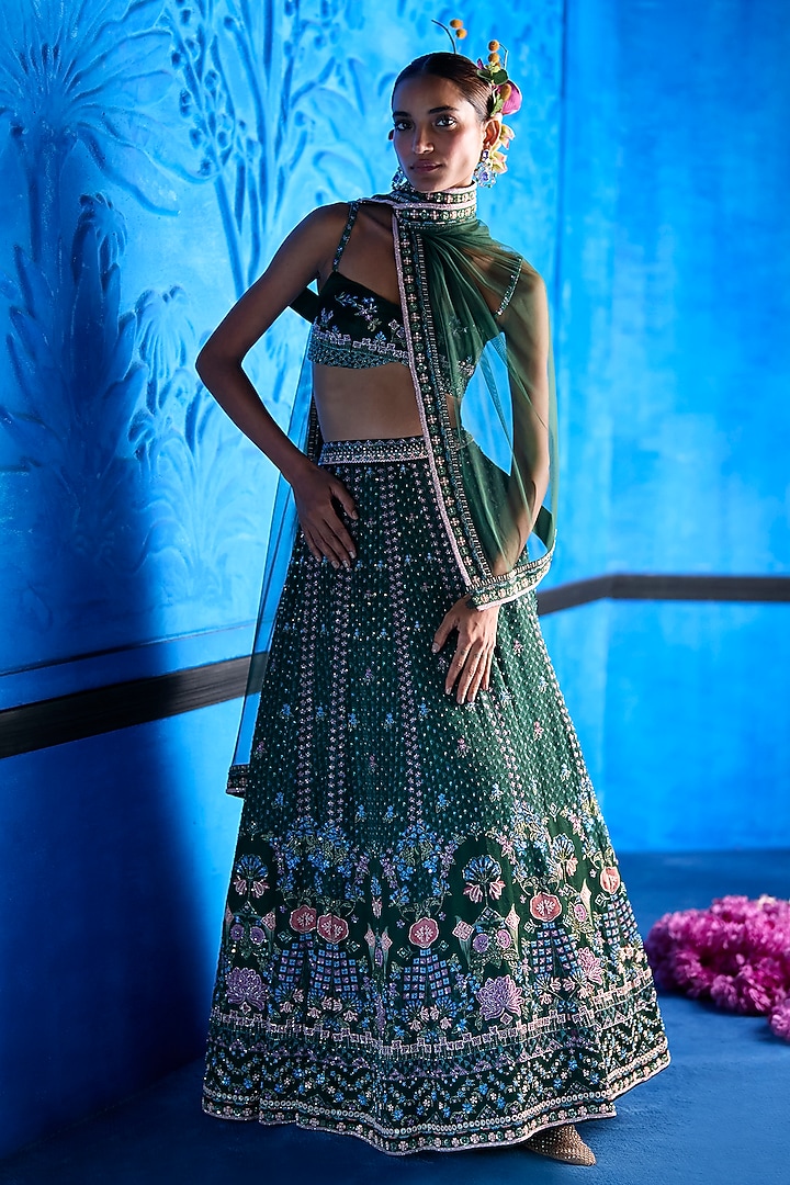 Emerald Green Satin Dupion Hand Embroidered Bridal Lehenga Set by The Whole Nine Yards at Pernia's Pop Up Shop