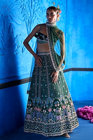 Emerald Green Satin Dupion Hand Embroidered Lehenga Set by The Whole Nine Yards