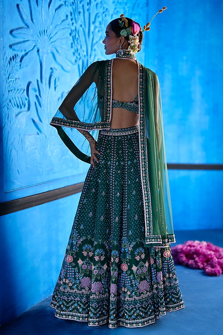 Emerald Green Satin Dupion Hand Embroidered Bridal Lehenga Set by The Whole Nine Yards at Pernia's Pop Up Shop