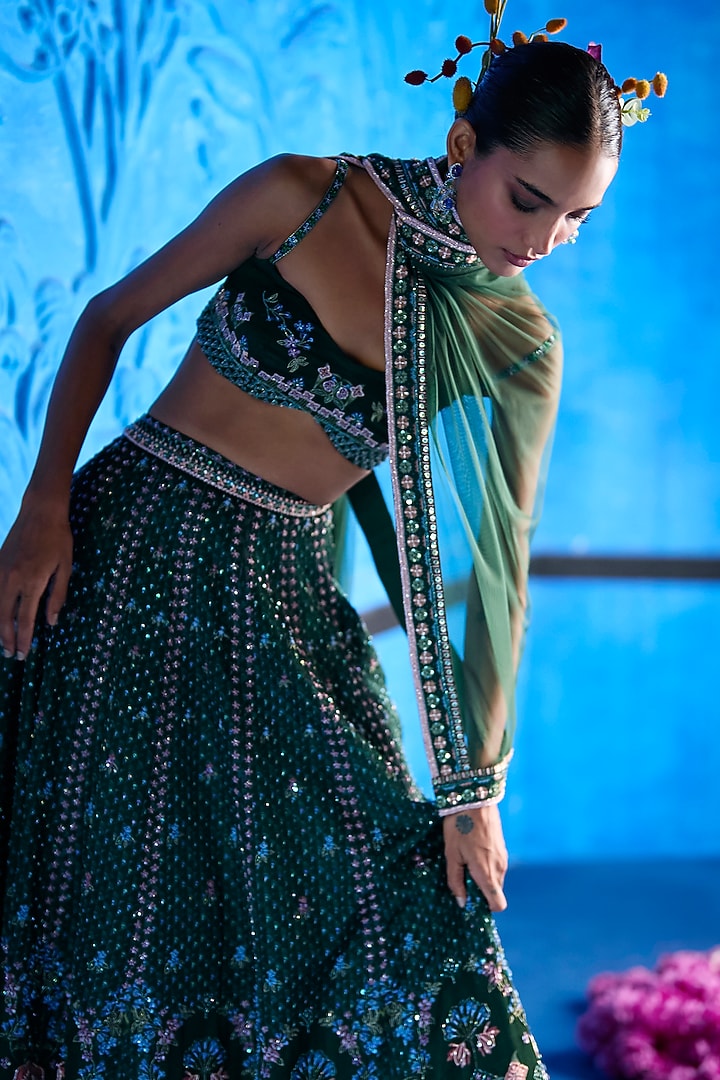 Emerald Green Satin Dupion Hand Embroidered Bridal Lehenga Set by The Whole Nine Yards at Pernia's Pop Up Shop