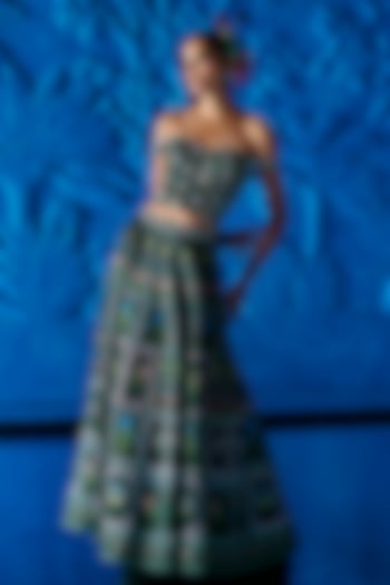 Emerald Green Satin Dupion Floral Printed Wedding Lehenga Set by The Whole Nine Yards at Pernia's Pop Up Shop