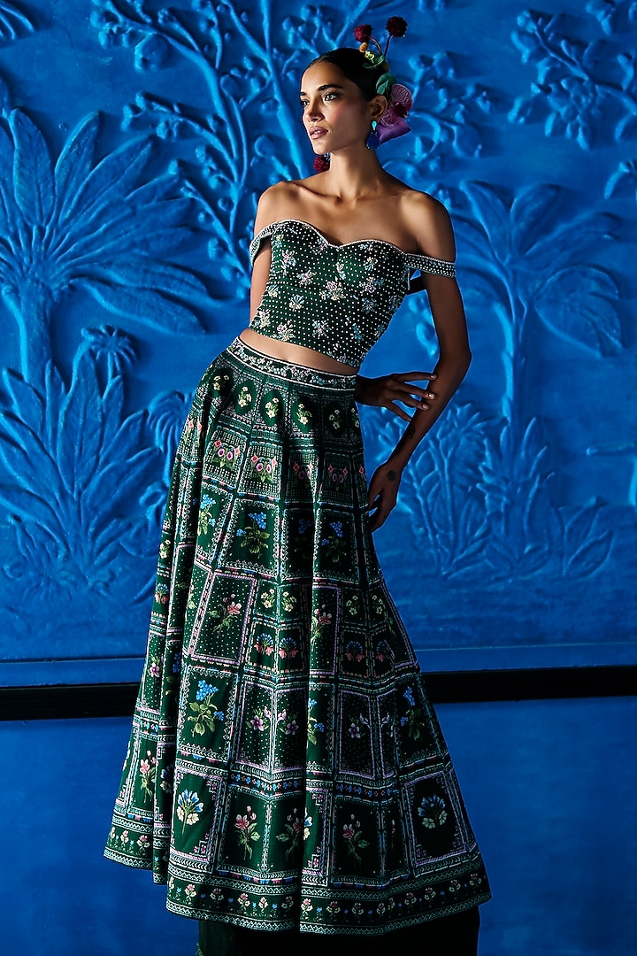 Emerald Green Satin Dupion Floral Printed Wedding Lehenga Set by The Whole Nine Yards at Pernia's Pop Up Shop